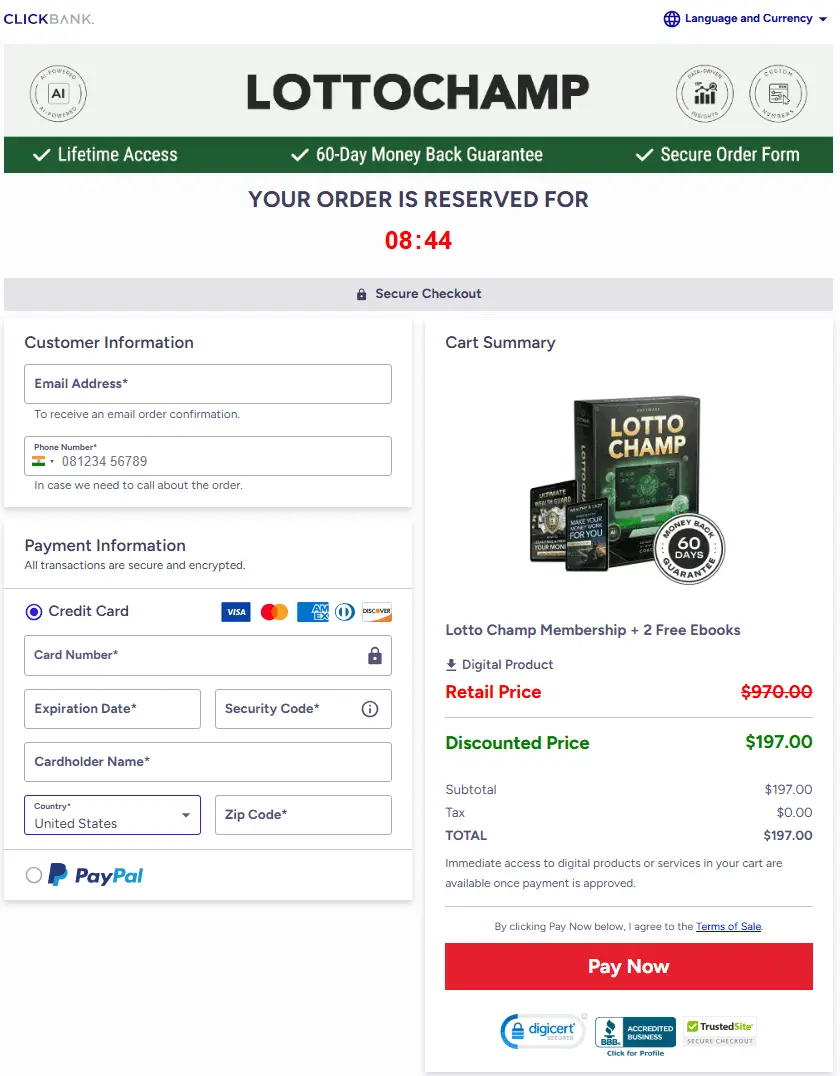 LottoChamp order page